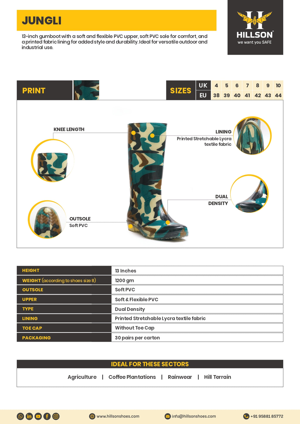 Hillson Jungli Gumboots (Military Green) – 100% Waterproof Knee-Length Safety Rain Boots with Anti-Skid Sole for Agriculture, Monsoon & Construction