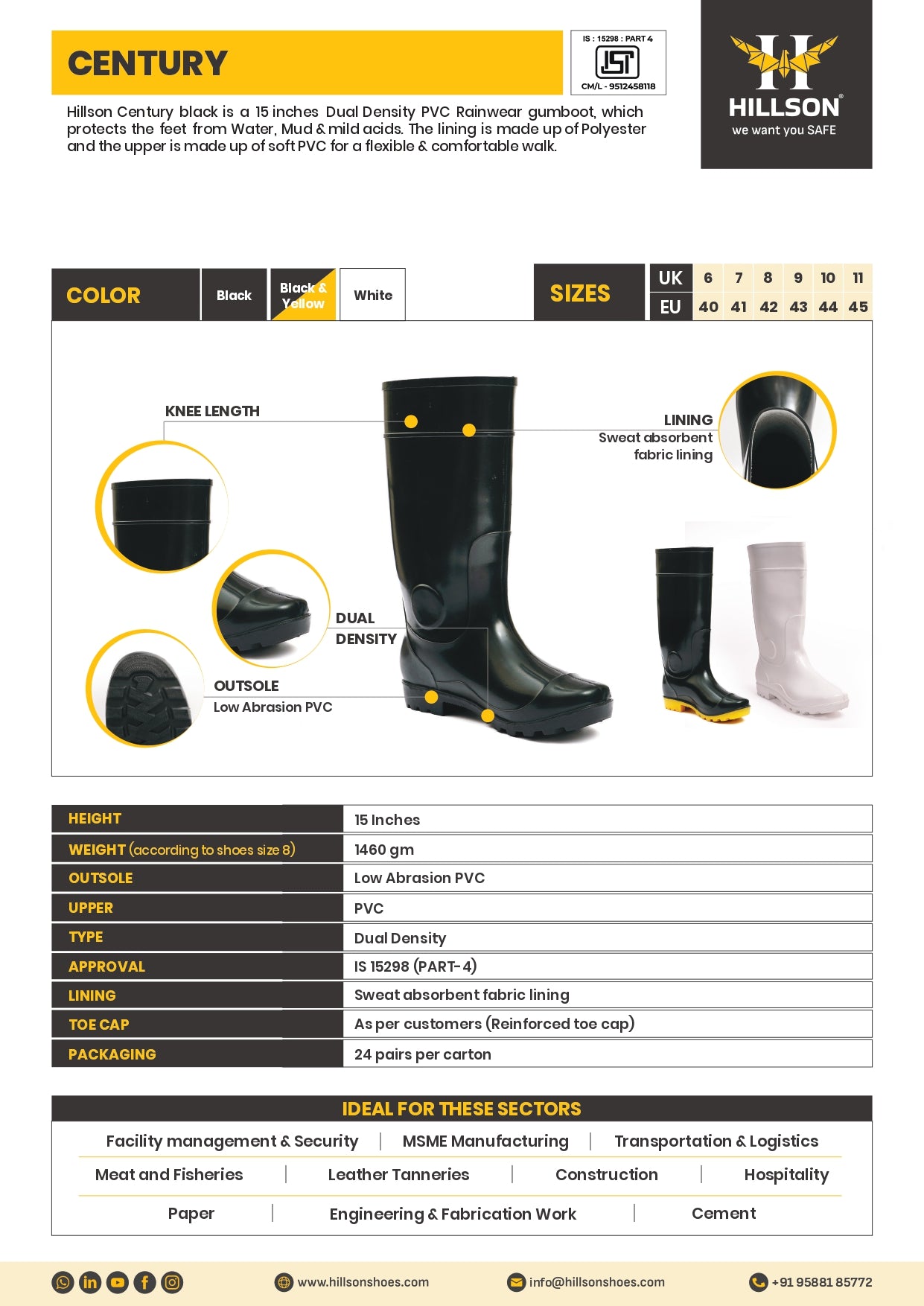 Hillson Century Black Gumboots 15 inch height– 100% Waterproof Heavy-Duty PVC Safety Boots with Anti-Skid Sole for Agriculture, Monsoon & Construction UK size 11
