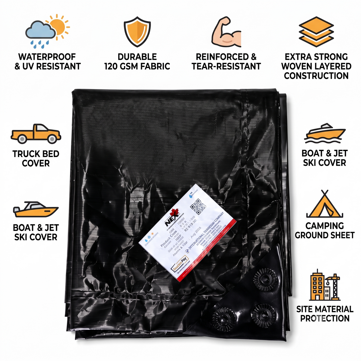 Nex 120 GSM Waterproof Black Silver Tarpaulin Sheet 7-Layer Cross Laminated Heavy Duty Tarp for Sheds, Farms & Outdoor Cover (IS 14611 & ISO Certified)