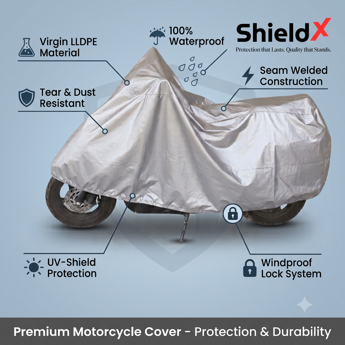 ShieldX All-Weather Two-Wheeler Cover – 100% Waterproof Virgin LLDPE Bike & Scooter Cover with StormLock Windproof System