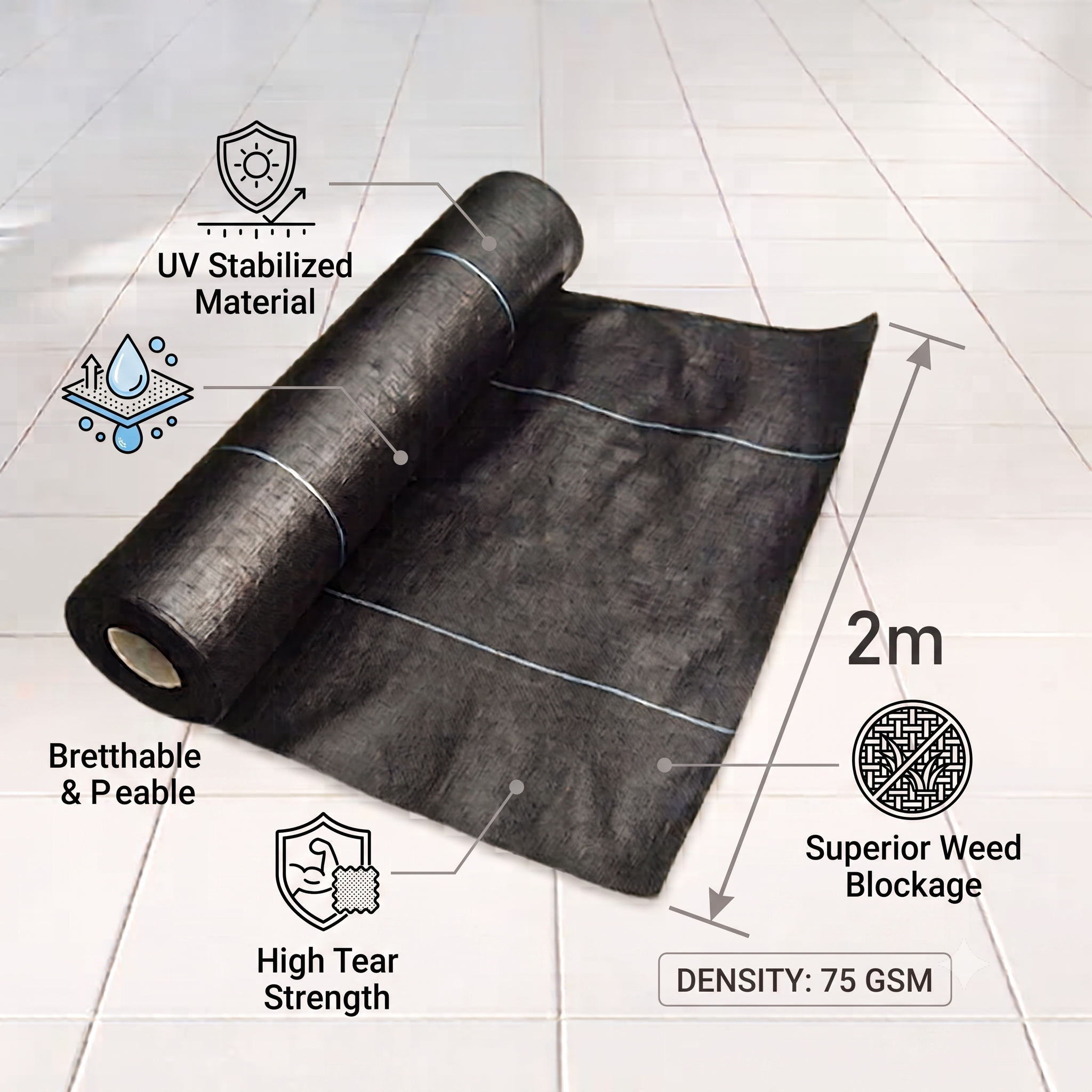 75 GSM Virgin Weed Control Mat 2m Width– UV-Stabilized Polypropylene Ground Cover Membrane & Permeable Weed Barrier Fabric for Agriculture, Nurseries & Landscaping