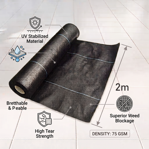 75 GSM Virgin Weed Control Mat 2m Width– UV-Stabilized Polypropylene Ground Cover Membrane & Permeable Weed Barrier Fabric for Agriculture, Nurseries & Landscaping