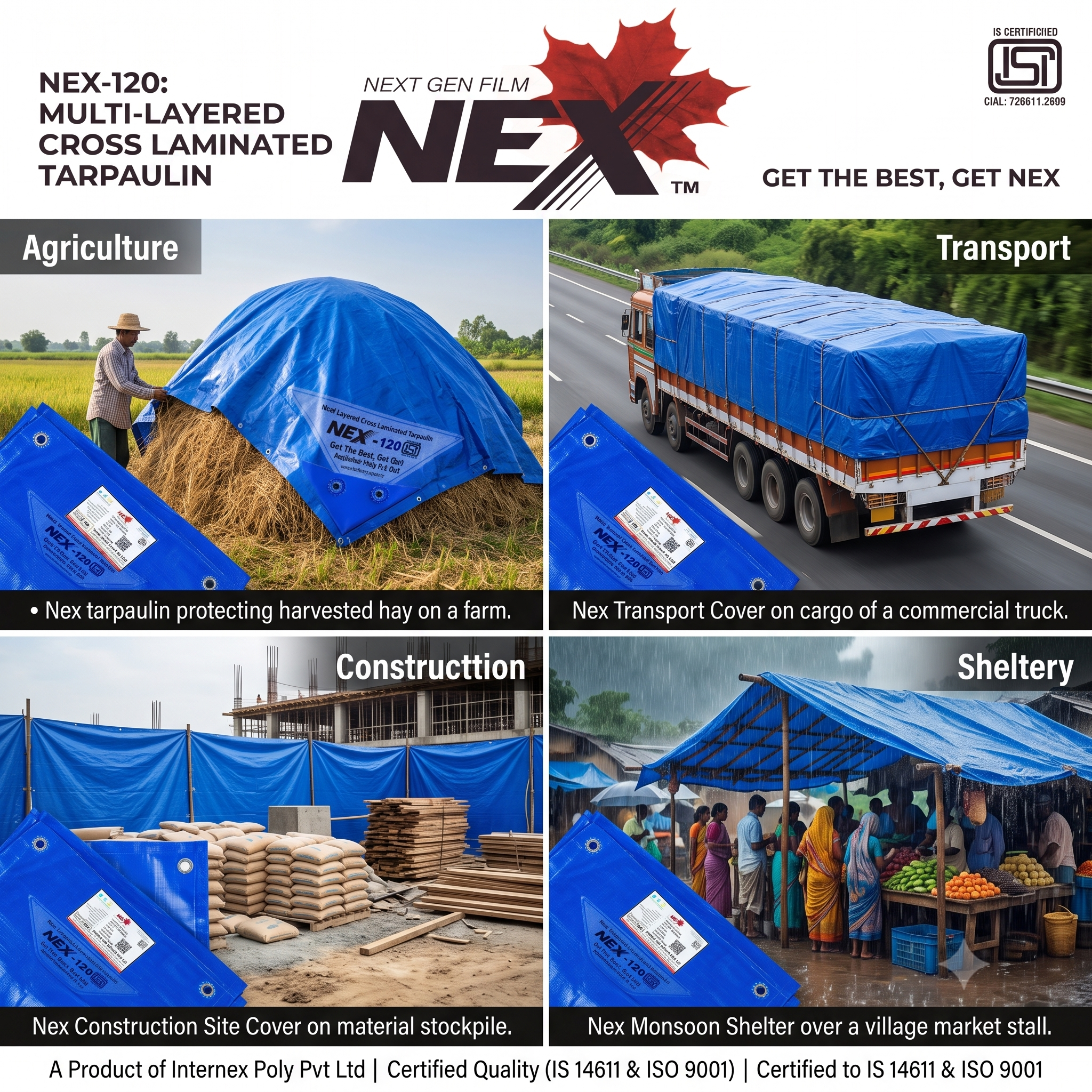 Nex 120 GSM Ultra-Jumbo Blue Tarpaulin – Industrial 7-Layer Cross Laminated Sheet for Commercial Farms & Infrastructure (IS 14611 & ISO 9001 Certified)