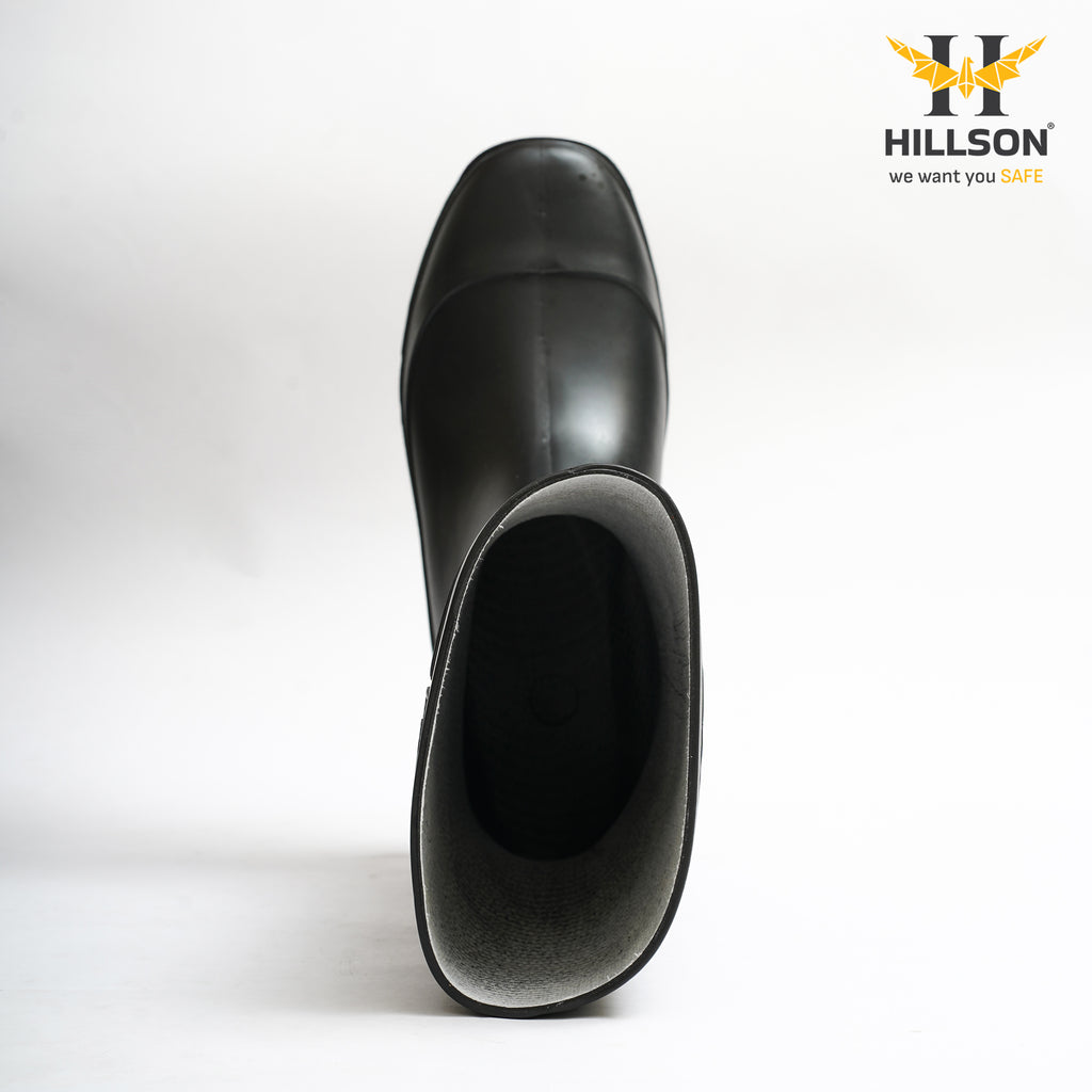 Hillson Welcome Black Gumboots – 100% Waterproof Safety Boots with Hard PVC Anti-Skid Outsole for Construction, Agriculture & Chemical Protection