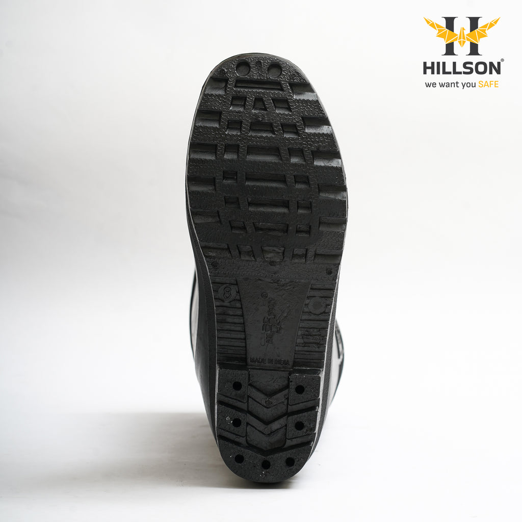 Hillson Welcome Black Gumboots – 100% Waterproof Safety Boots with Hard PVC Anti-Skid Outsole for Construction, Agriculture & Chemical Protection