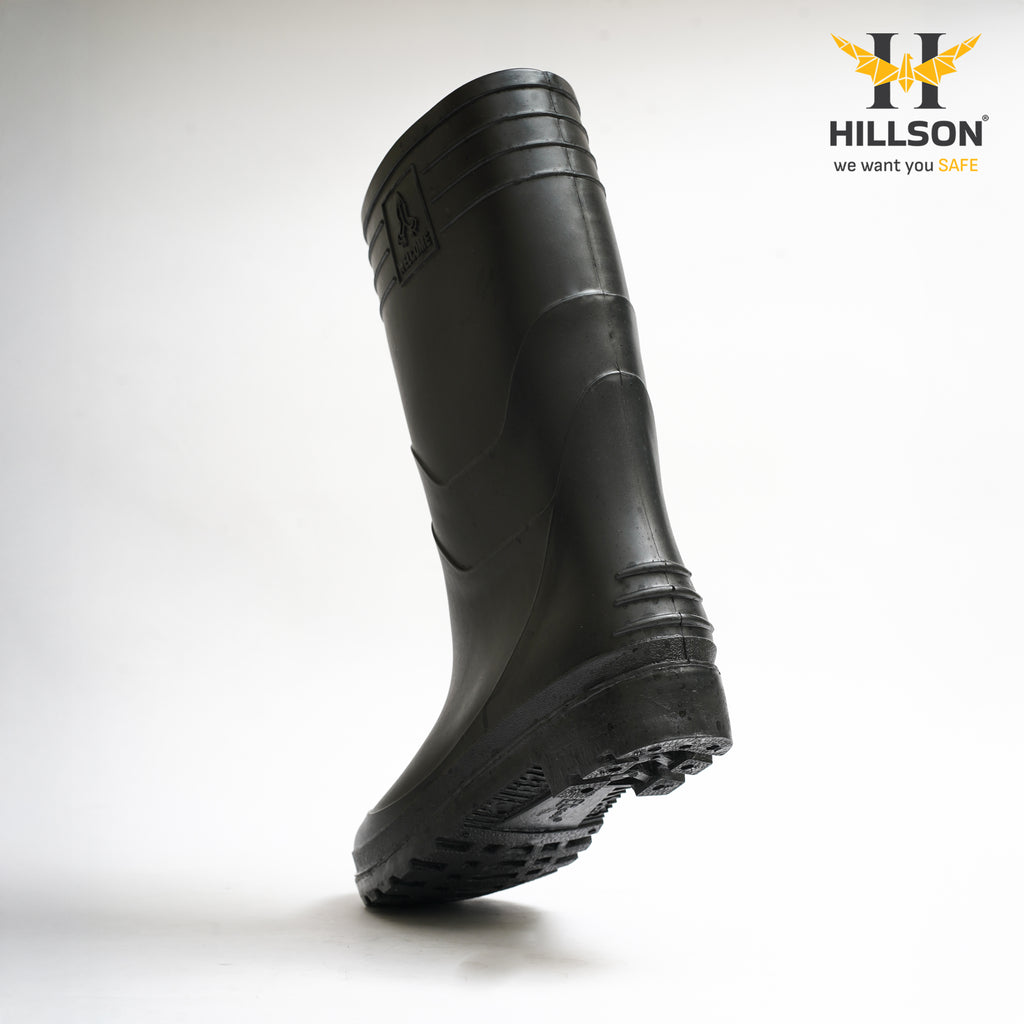 Hillson Welcome Black Gumboots – 100% Waterproof Safety Boots with Hard PVC Anti-Skid Outsole for Construction, Agriculture & Chemical Protection