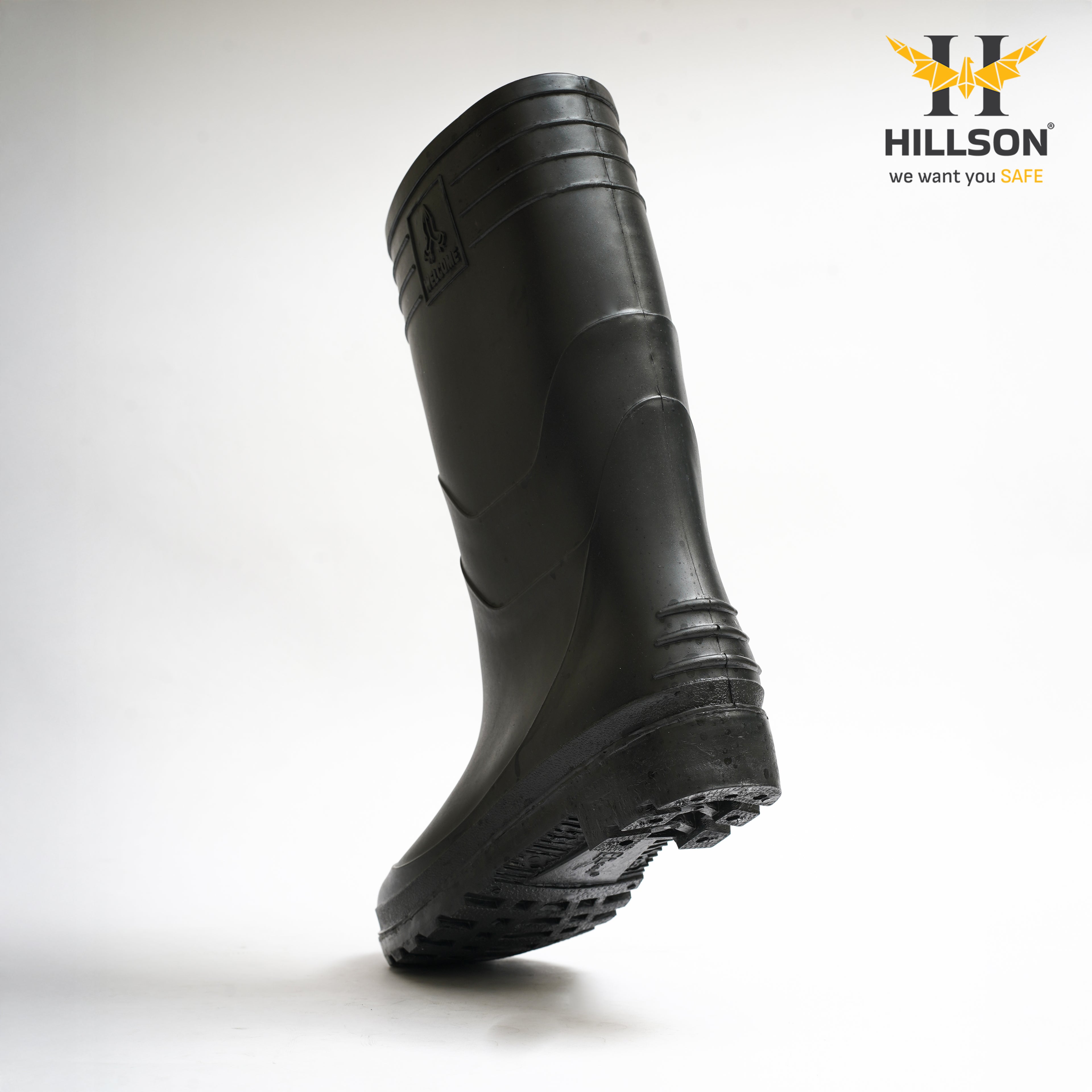 Hillson Welcome Black Gumboots – 100% Waterproof Safety Boots with Hard PVC Anti-Skid Outsole for Construction, Agriculture & Chemical Protection