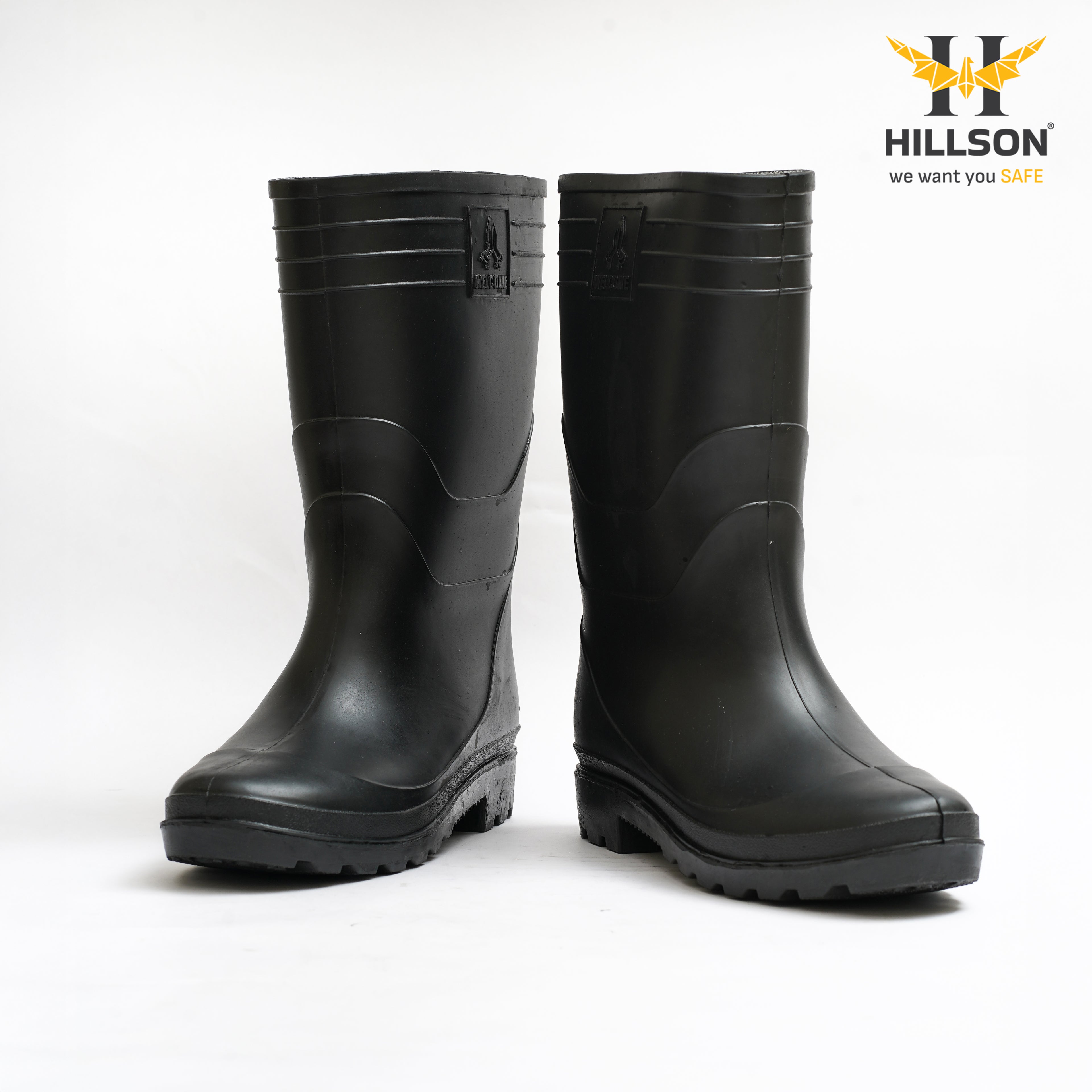 Hillson Welcome Black Gumboots – 100% Waterproof Safety Boots with Hard PVC Anti-Skid Outsole for Construction, Agriculture & Chemical Protection