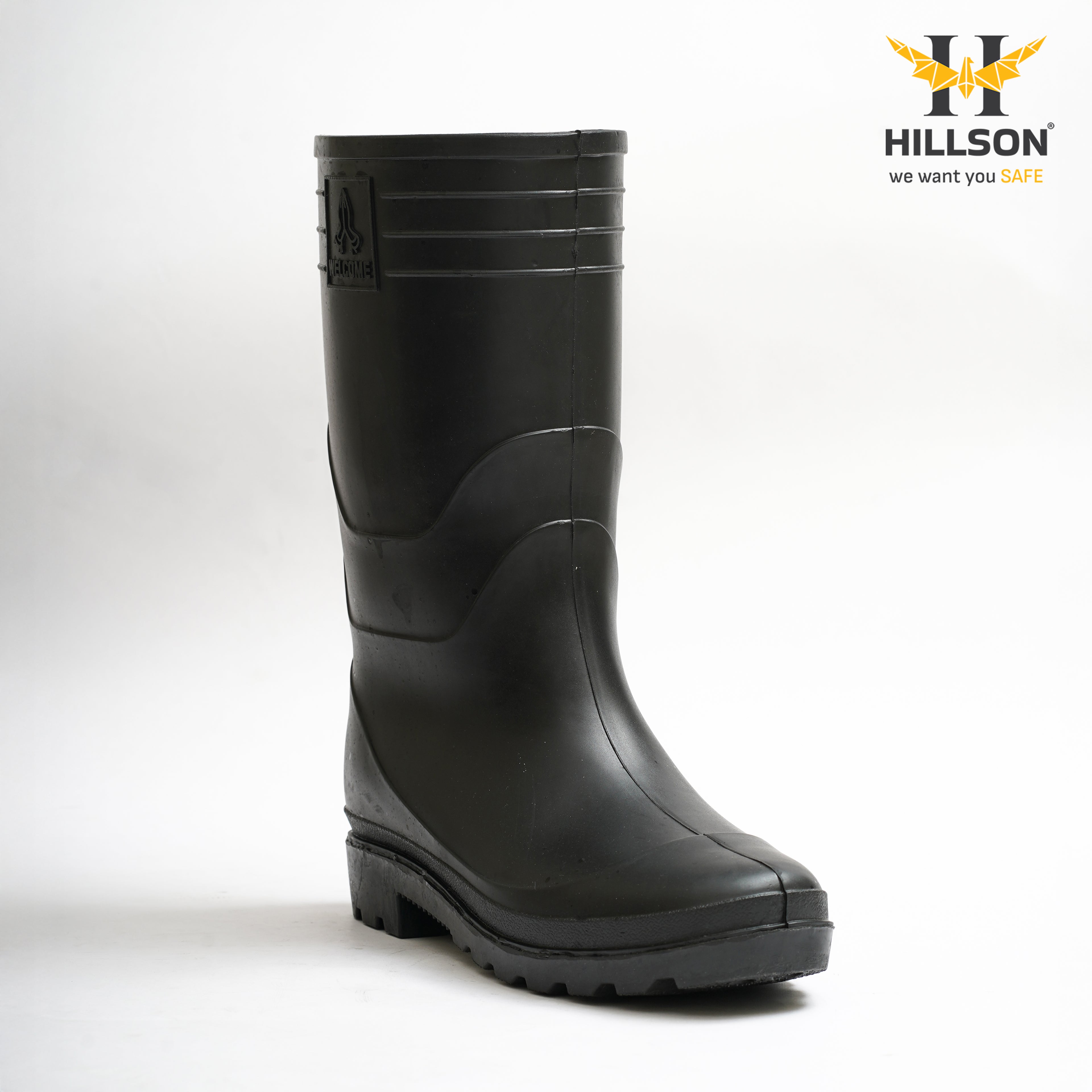 Hillson Welcome Black Gumboots – 100% Waterproof Safety Boots with Hard PVC Anti-Skid Outsole for Construction, Agriculture & Chemical Protection
