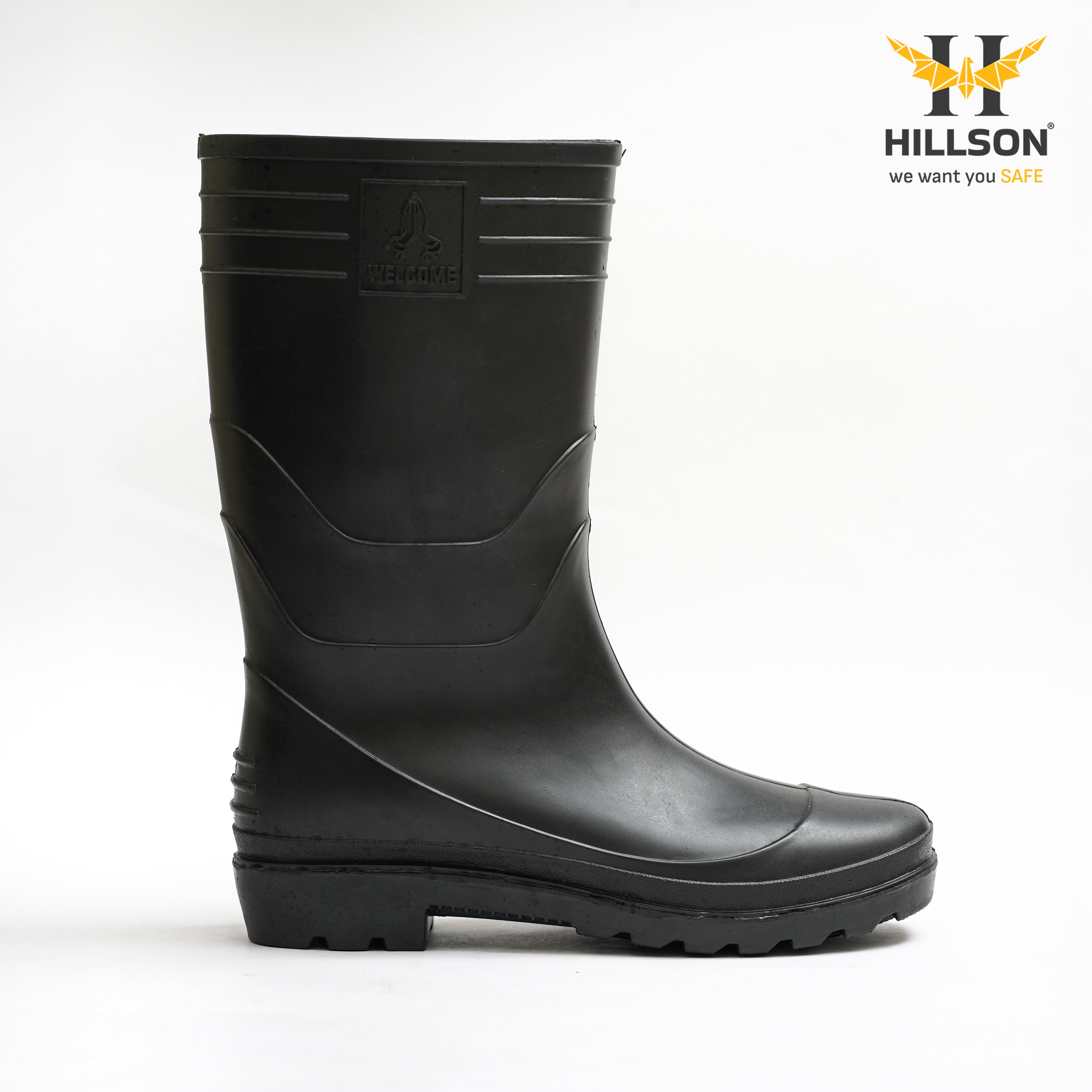 Hillson Welcome Black Gumboots – 100% Waterproof Safety Boots with Hard PVC Anti-Skid Outsole for Construction, Agriculture & Chemical Protection