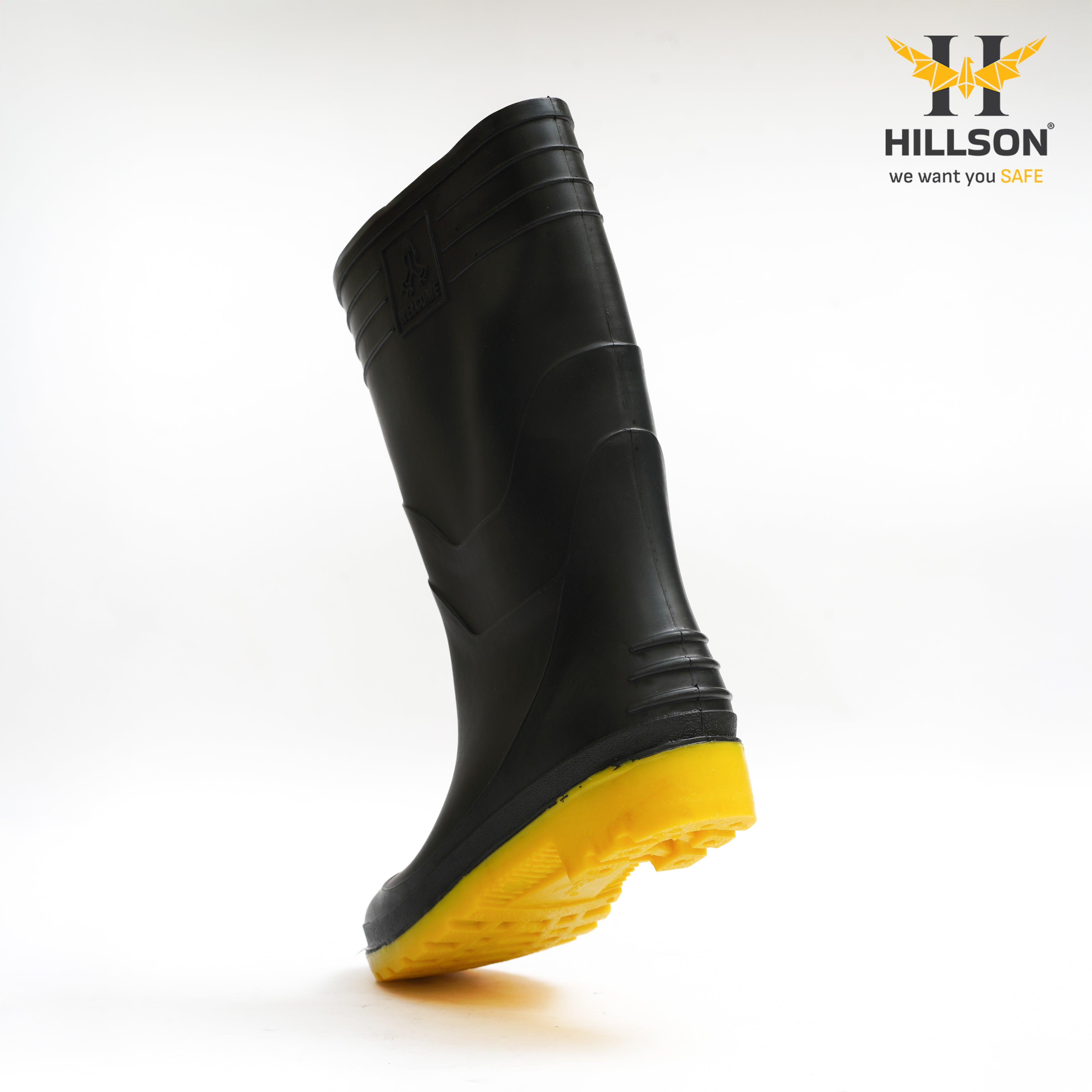 Hillson Welcome Yellow Gumboots – 100% Waterproof Heavy-Duty PVC Safety Boots with Anti-Skid Sole for Agriculture, Construction & Chemical Protection