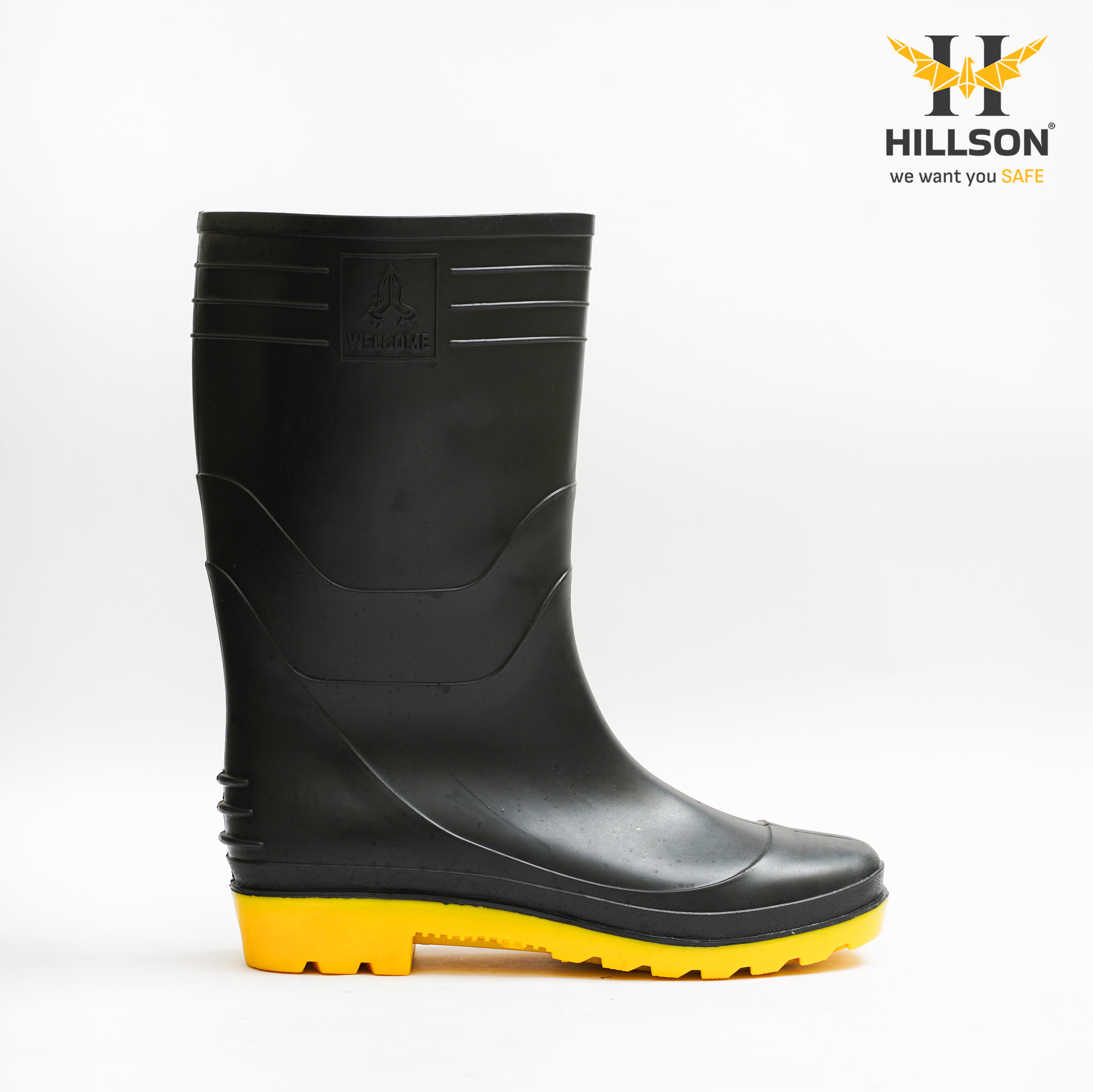 Hillson Welcome Yellow Gumboots – 100% Waterproof Heavy-Duty PVC Safety Boots with Anti-Skid Sole for Agriculture, Construction & Chemical Protection