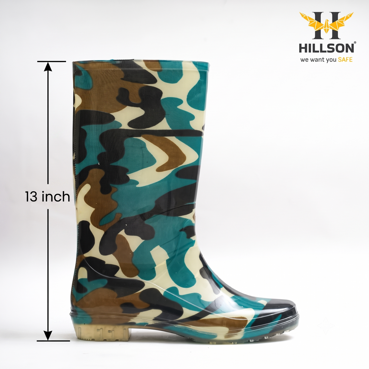 Hillson Jungli Gumboots (Military Green) – 100% Waterproof Knee-Length Safety Rain Boots with Anti-Skid Sole for Agriculture, Monsoon & Construction