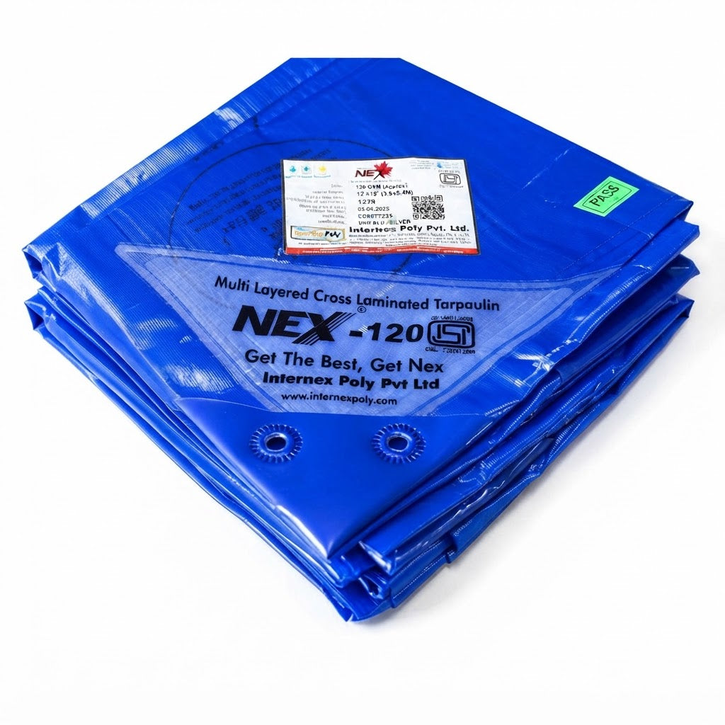 Nex 120 GSM Ultra-Jumbo Blue Tarpaulin – Industrial 7-Layer Cross Laminated Sheet for Commercial Farms & Infrastructure (IS 14611 & ISO 9001 Certified)
