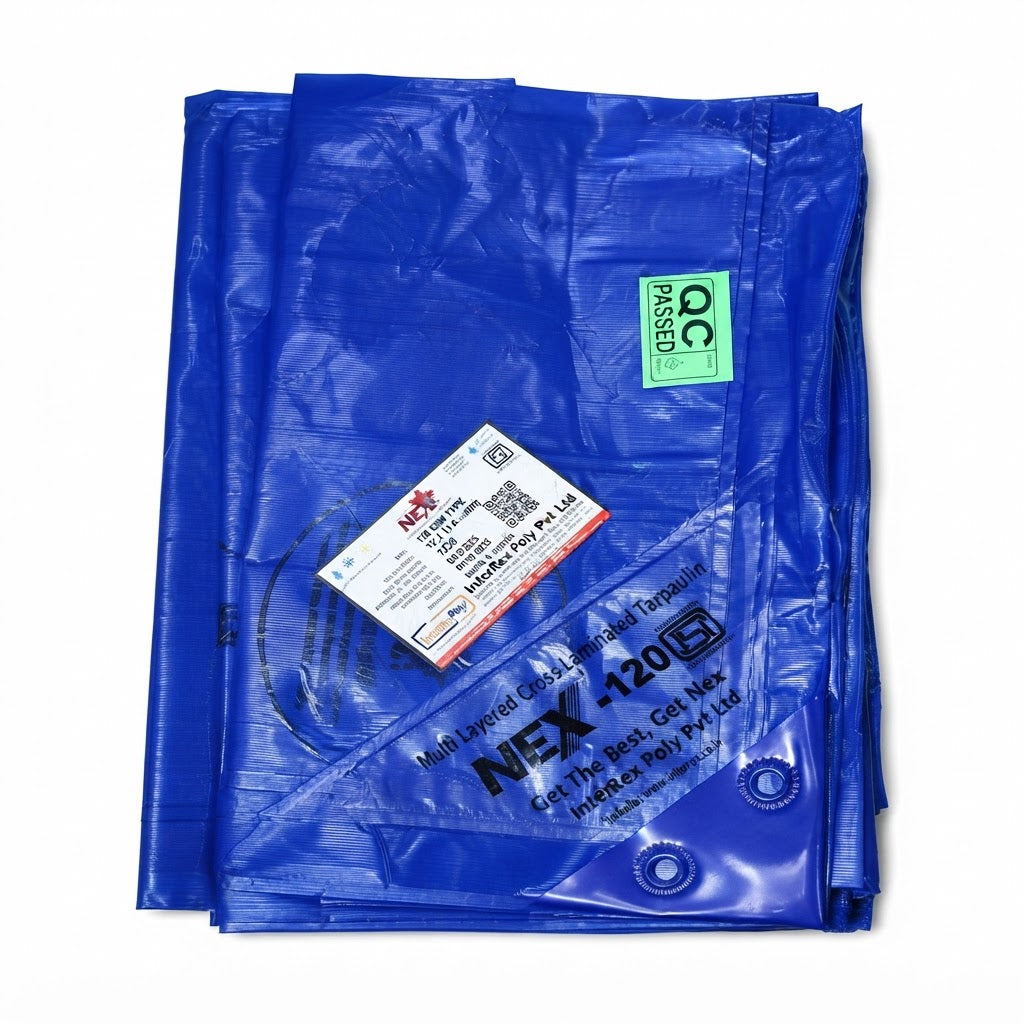 Nex 120 GSM Ultra-Jumbo Blue Tarpaulin – Industrial 7-Layer Cross Laminated Sheet for Commercial Farms & Infrastructure (IS 14611 & ISO 9001 Certified)