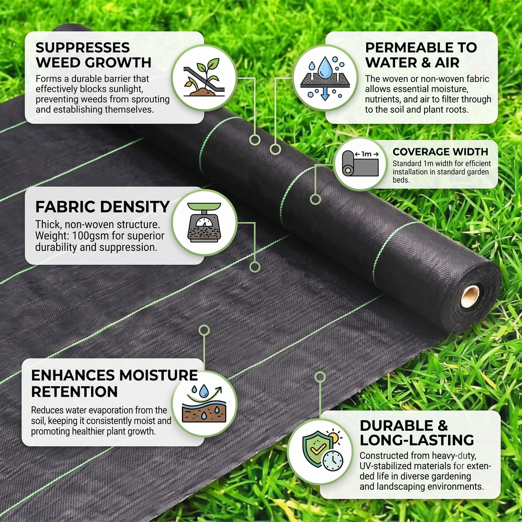 Heavy-Duty 100 GSM UV-Stabilized Weed Control Mat – Woven Geotextile Ground Cover Membrane for Agriculture, Nurseries & Landscaping