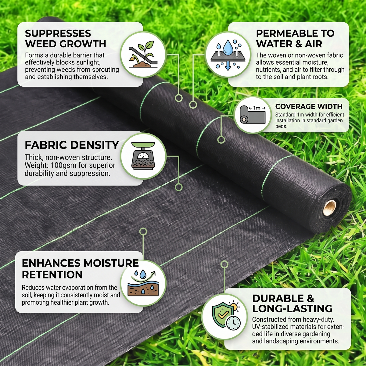 Heavy-Duty 100 GSM UV-Stabilized Weed Control Mat – Woven Geotextile Ground Cover Membrane for Agriculture, Nurseries & Landscaping