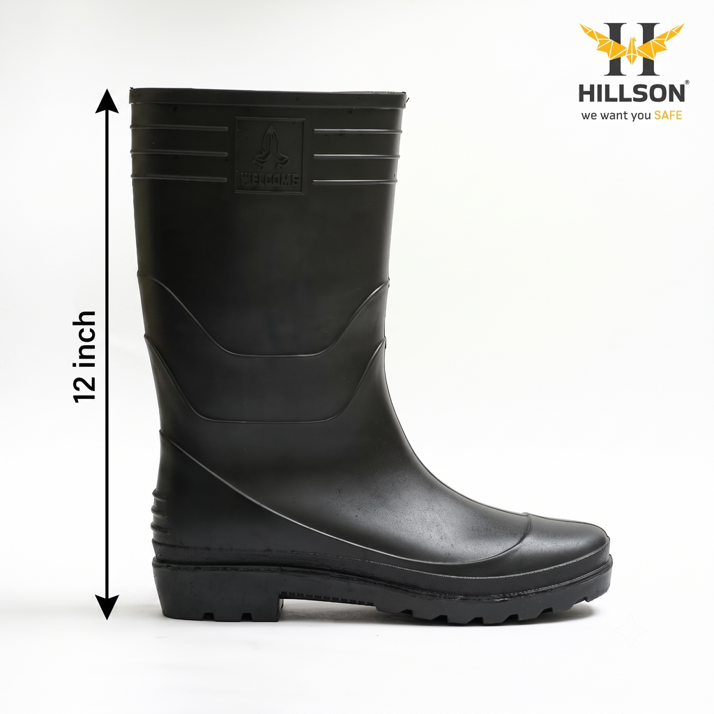 Hillson Welcome Black Gumboots – 100% Waterproof Safety Boots with Hard PVC Anti-Skid Outsole for Construction, Agriculture & Chemical Protection