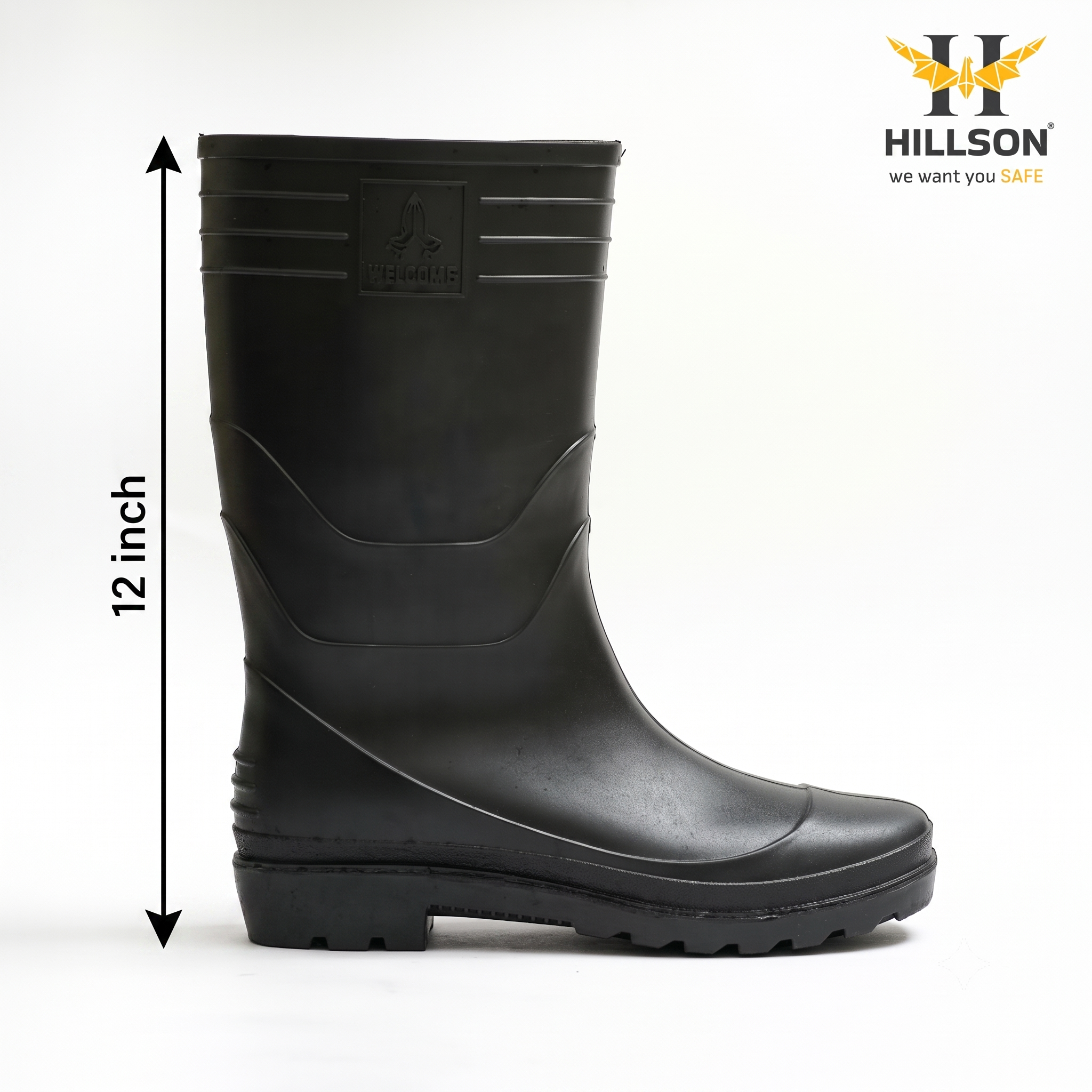 Hillson Welcome Black Gumboots – 100% Waterproof Safety Boots with Hard PVC Anti-Skid Outsole for Construction, Agriculture & Chemical Protection