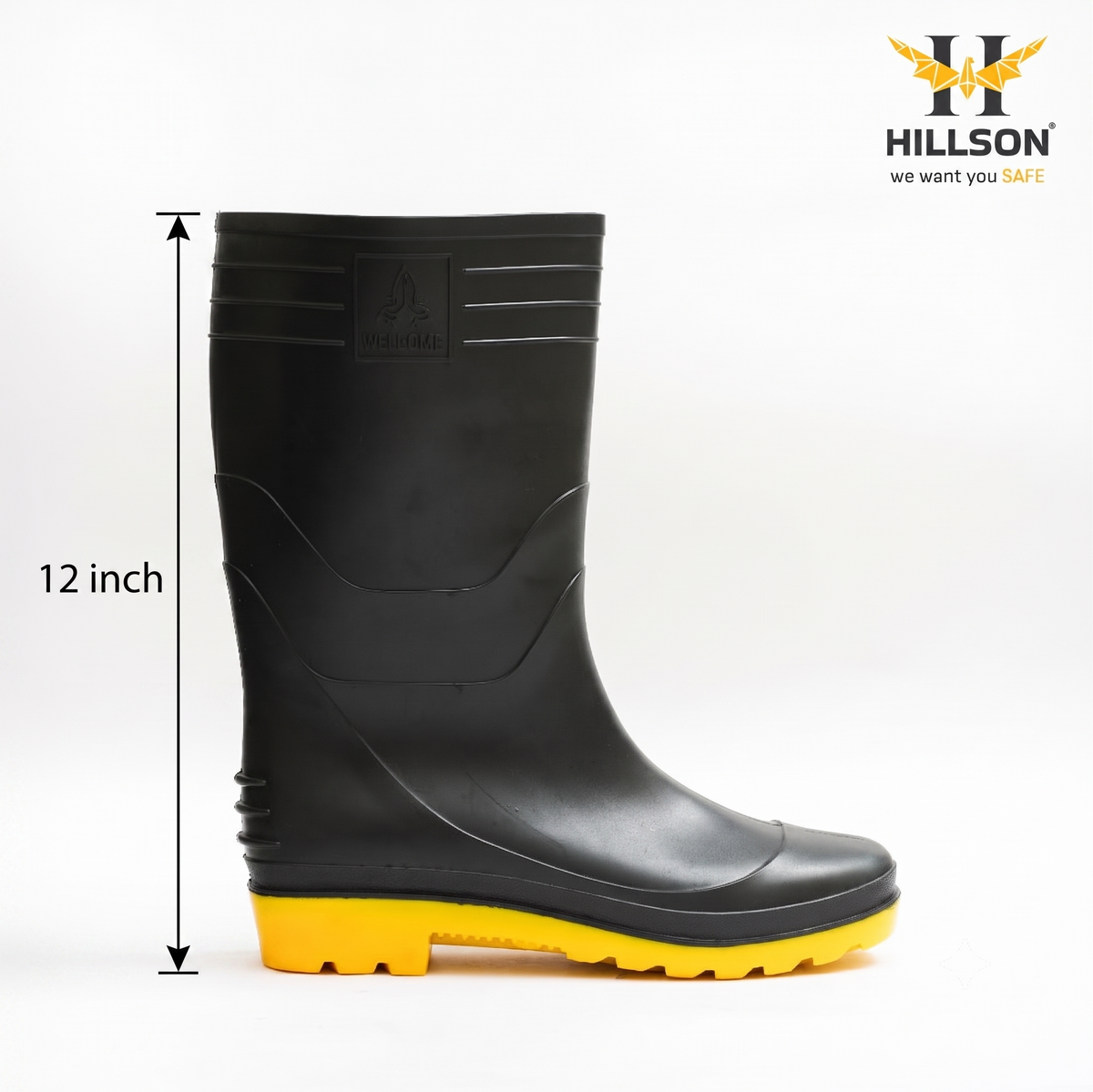 Hillson Welcome Yellow Gumboots – 100% Waterproof Heavy-Duty PVC Safety Boots with Anti-Skid Sole for Agriculture, Construction & Chemical Protection